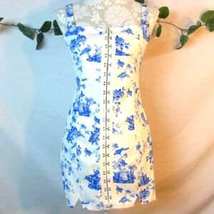 New For Love Bell Dress White Blue Victorian Print Corset Bodycon Mini Size Smal